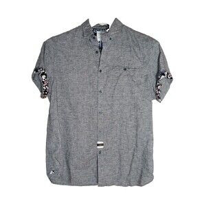 Denim & Flower Men's Button Up Shirt Gray Casual Short Floral Sleeve Size L